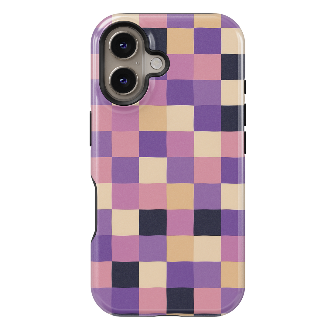 Aesthetic purple and beige checker pattern iPhone 16 case for women – girly wavy checkerboard MagSafe phone cover in pink, cream, and plum tones