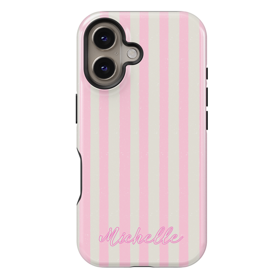 Personalized pink and white striped iPhone 16 MagSafe case with name – girly coquette aesthetic phone cover

