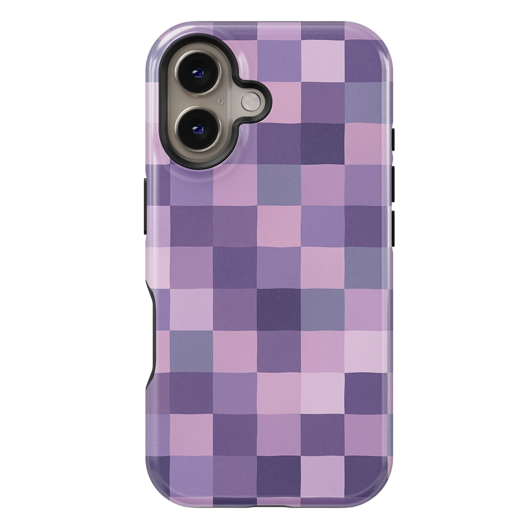 Lilac purple checker iPhone 16 case for women – aesthetic girly MagSafe phone case, soft pastel checkered protective cover