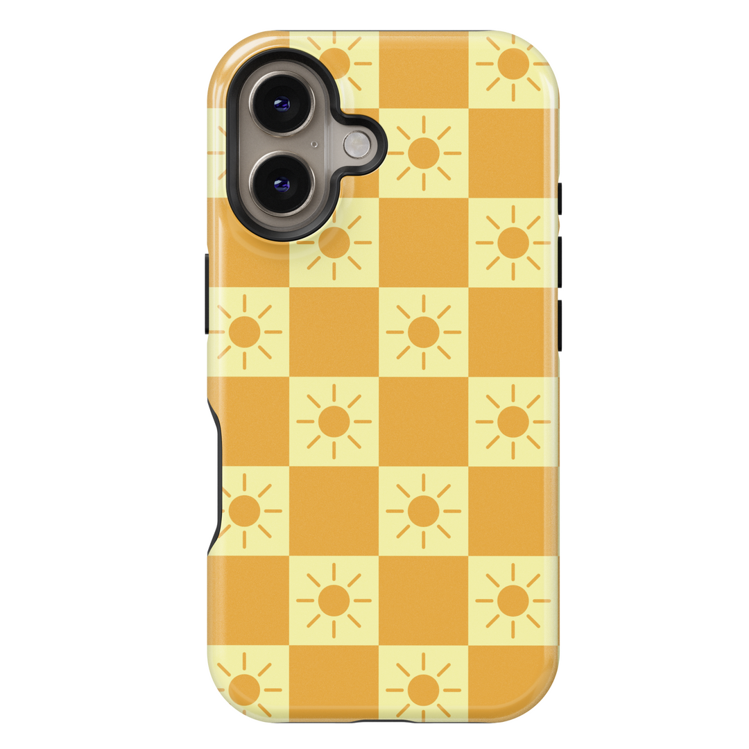 Yellow checkerboard iPhone 16 MagSafe case with sun icons – aesthetic sunny phone case for women, retro summer design