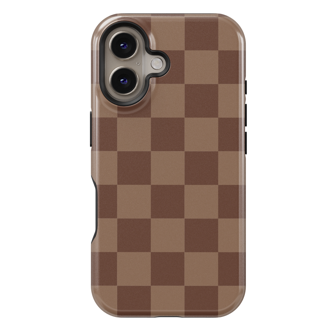 Minimal brown checker iPhone 16 case for women – aesthetic neutral iPhone case, MagSafe phone case for girls, protective trendy cover