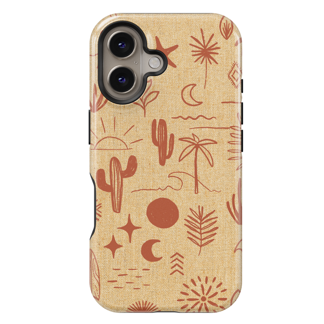Beige textured iPhone 16 MagSafe case with desert-inspired line art, cacti, sun, and palm motifs – aesthetic phone case for women

