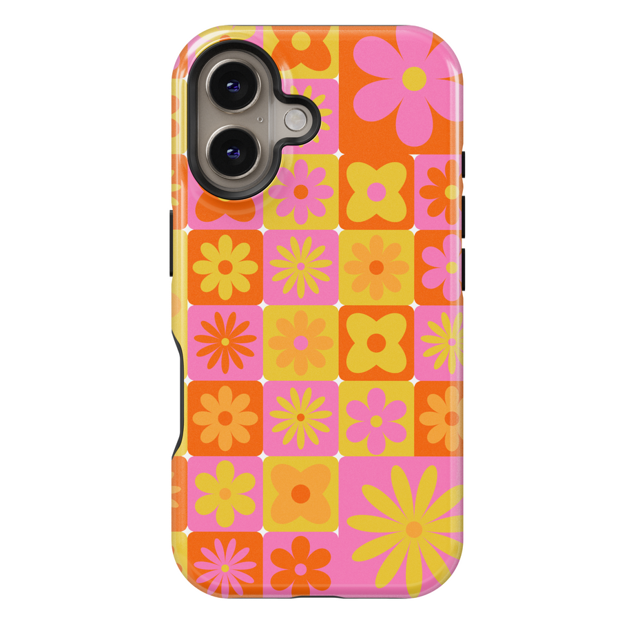 Retro orange pink and yellow floral iPhone 16 case for women – MagSafe compatible, girly flower grid phone case, vibrant glossy iPhone cover