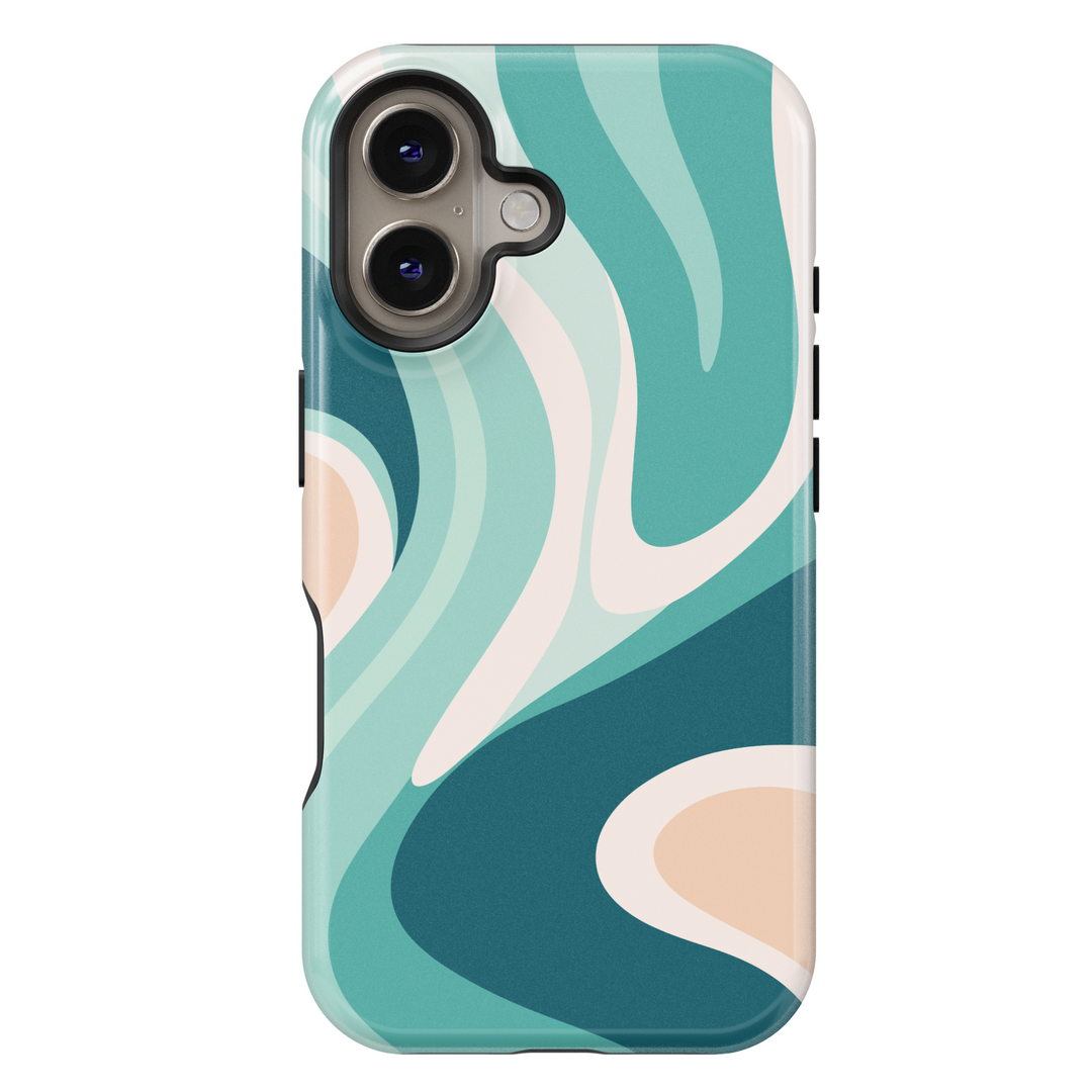 Teal and cream wavy abstract pattern on iPhone 16 MagSafe case – aesthetic protective phone case for women

