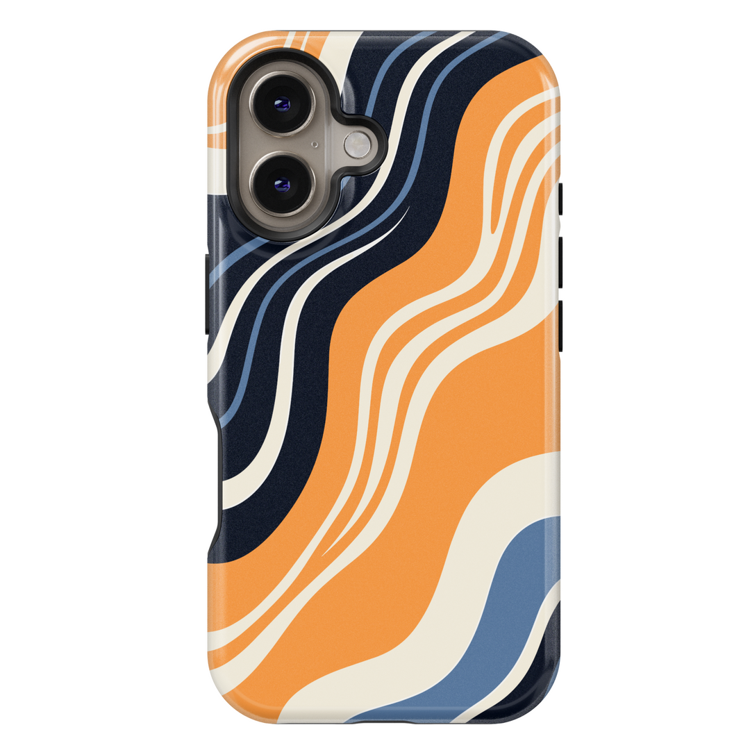 Retro orange and navy wavy striped iPhone 16 MagSafe case with vintage curves – glossy protective case for women
