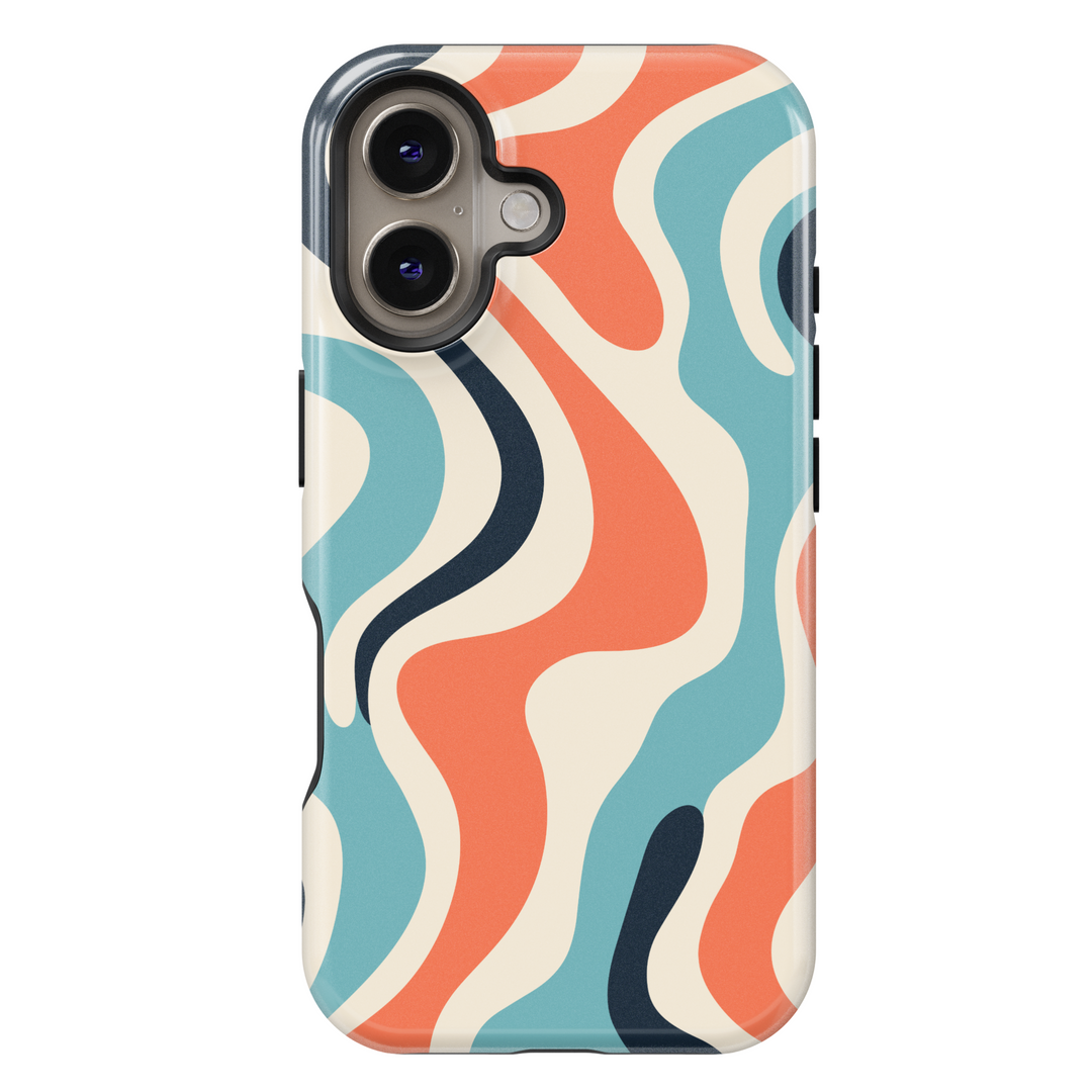 Wavy retro iPhone 16 case with teal, coral, navy, and cream abstract pattern – MagSafe-compatible stylish phone cover for women

