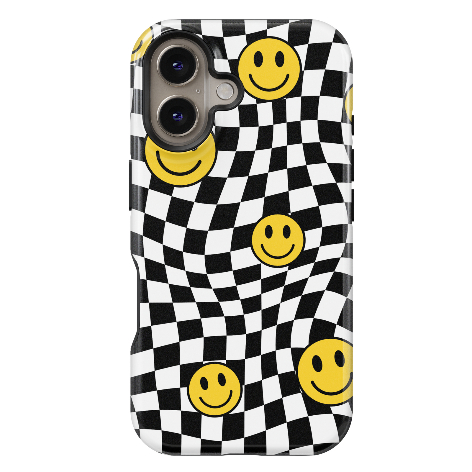 Trendy iPhone 16 case with warped black and white checkerboard pattern and yellow smiley face accents, MagSafe-compatible protective cover for women

