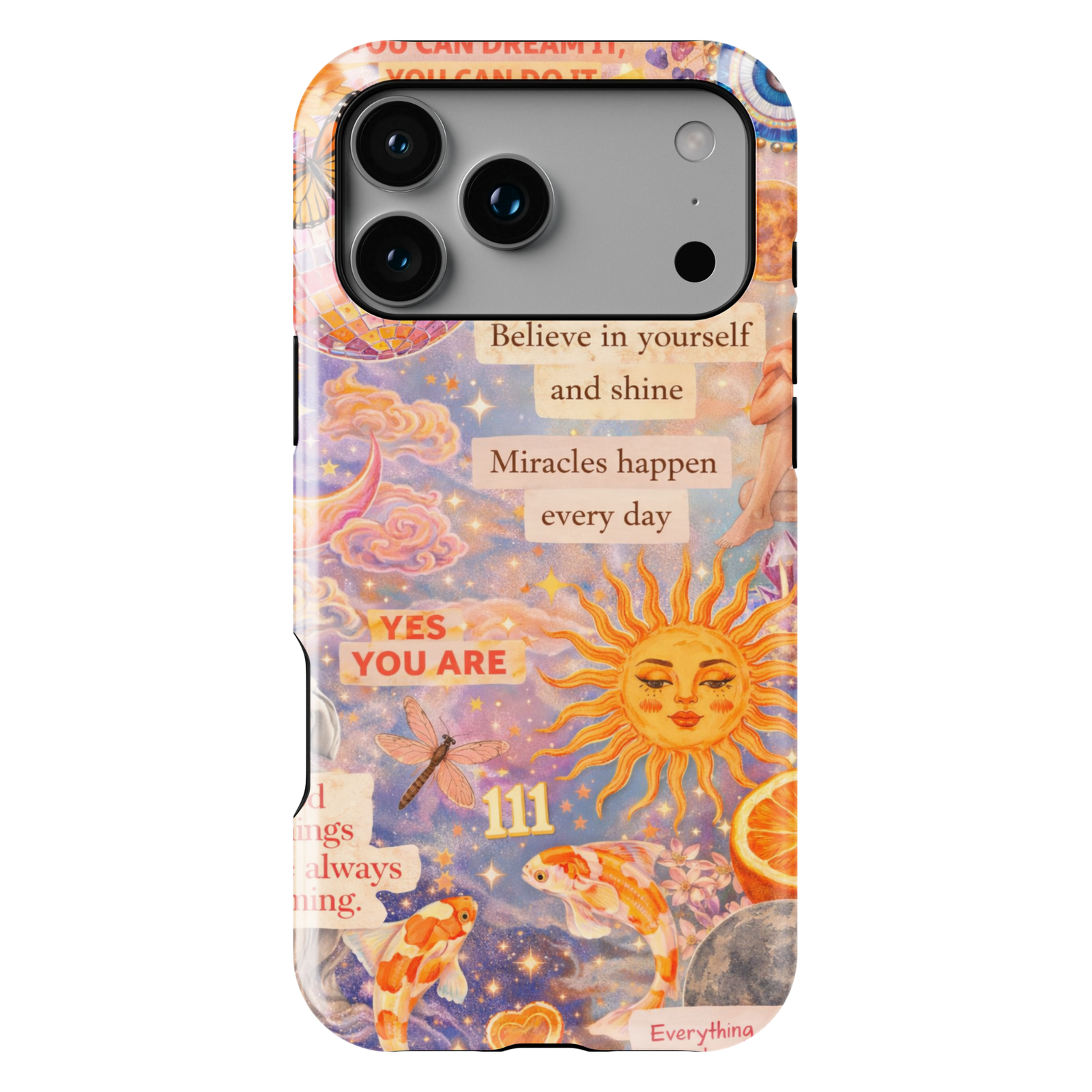 Celestial affirmation phone case with sun, angel number 111, koi fish and motivational quotes aesthetic tough case for iPhone and Samsung Galaxy