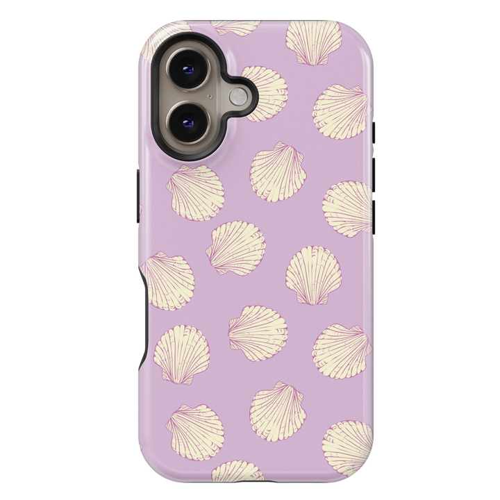 iPhone 16 MagSafe phone case with pastel seashell pattern on lavender background – aesthetic beach-themed case for women

