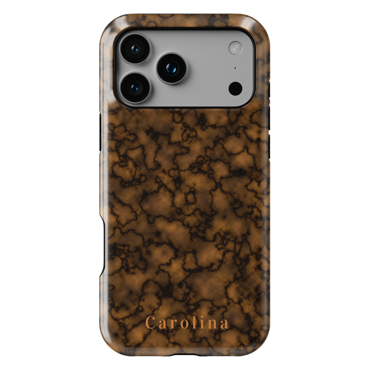 Personalized brown marble phone case with custom name Carolina, glossy neutral luxury design for iPhone and Samsung Galaxy