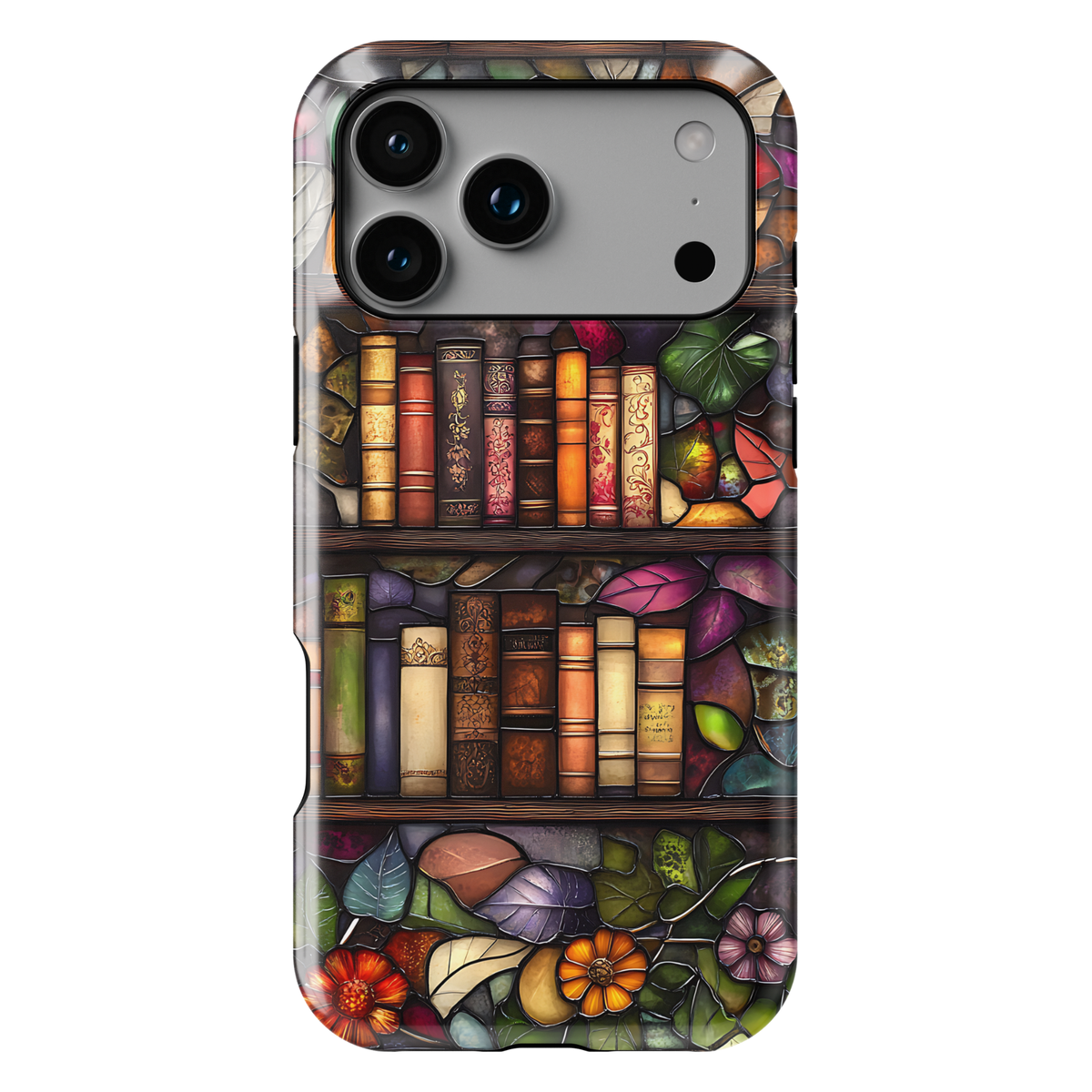Stained glass style iPhone case with vintage bookshelves, floral leaves, and warm artistic tones in an elegant library-inspired design