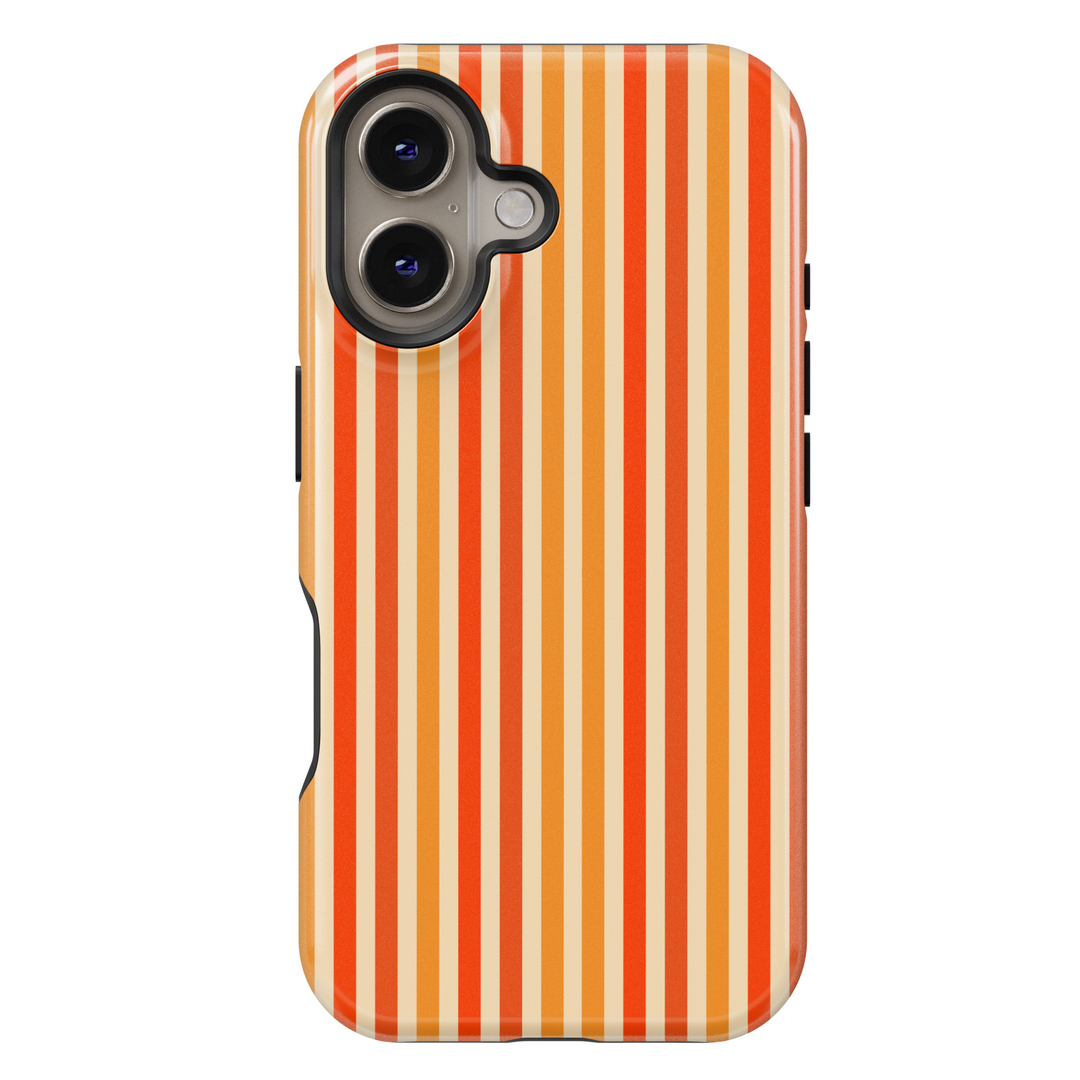iPhone 16 orange striped case for women – vertical retro aesthetic MagSafe phone case in warm spice tones, glossy protective cover