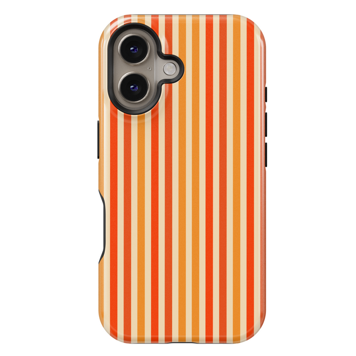 iPhone 16 orange striped case for women – vertical retro aesthetic MagSafe phone case in warm spice tones, glossy protective cover
