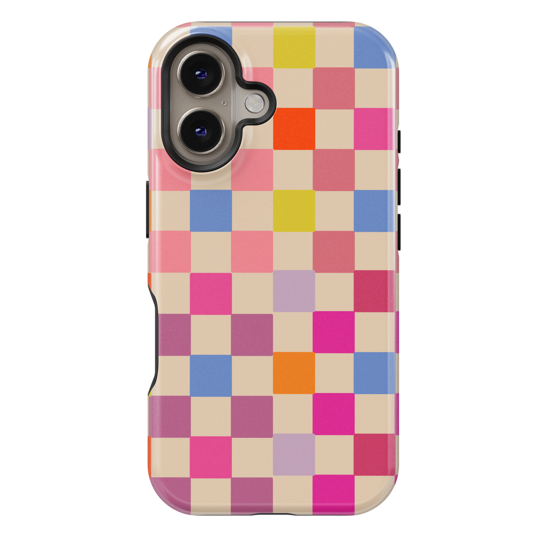 iPhone 16 colorful checkered case for women – pastel checkerboard MagSafe phone case with bold pink, orange, and purple blocks