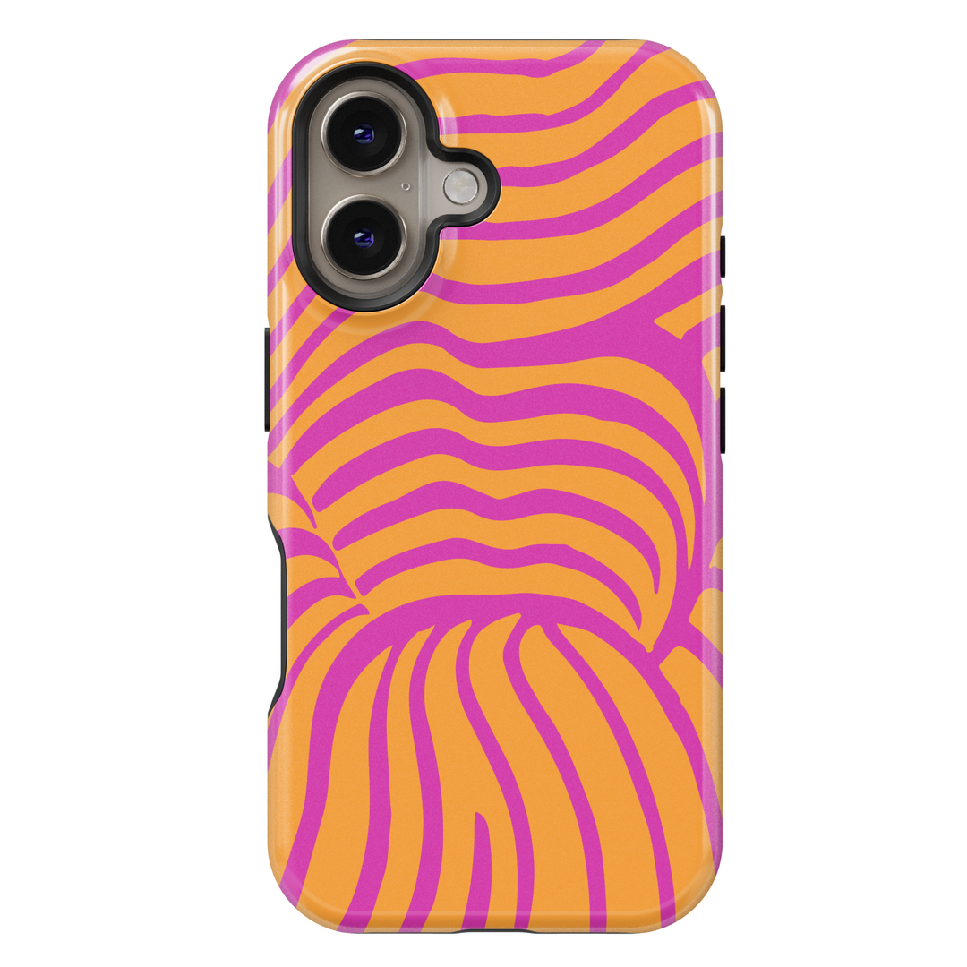 iPhone 16 case for women with orange and pink abstract wavy pattern, MagSafe-compatible vibrant phone case, protective stylish summer case