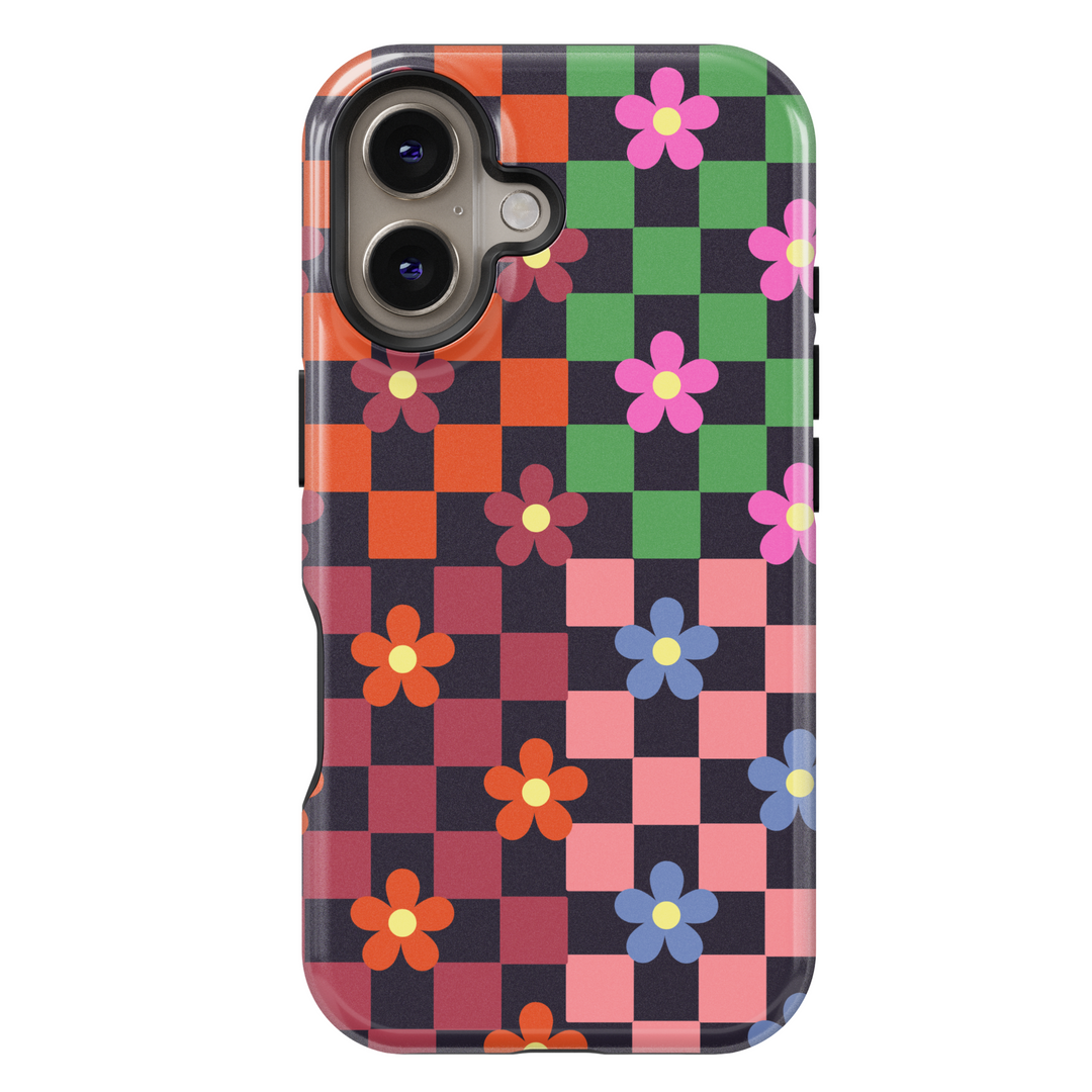 Colorful iPhone 16 case with retro-inspired checkerboard and floral design – trendy aesthetic phone case for women