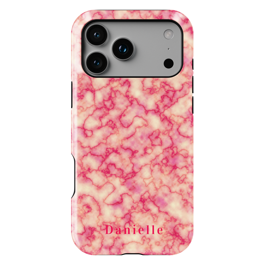 Personalized pink marble phone case with custom name Danielle, glossy girly design for iPhone and Samsung Galaxy