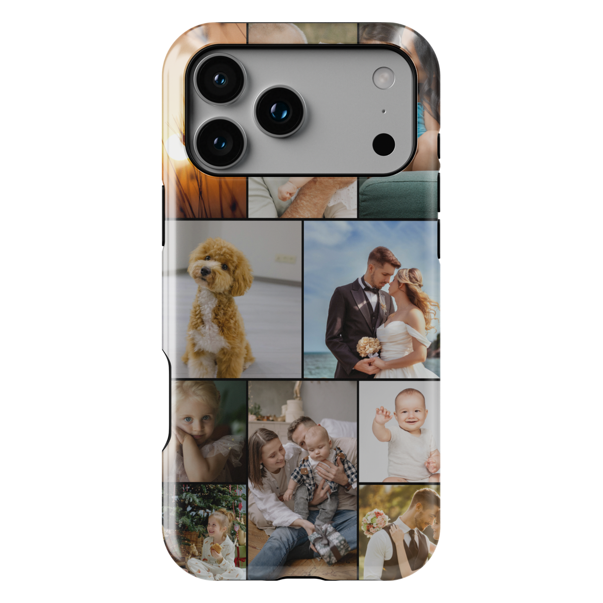 Custom Collage photo phone case for iPhone featuring a personalized family picture with elegant full-photo printing. Protective Tough Case with glossy finish, custom design, personalized gift for family, couples, parents, baby photos, anniversaries, birthdays, Mother's Day, Father's Day, and Christmas.