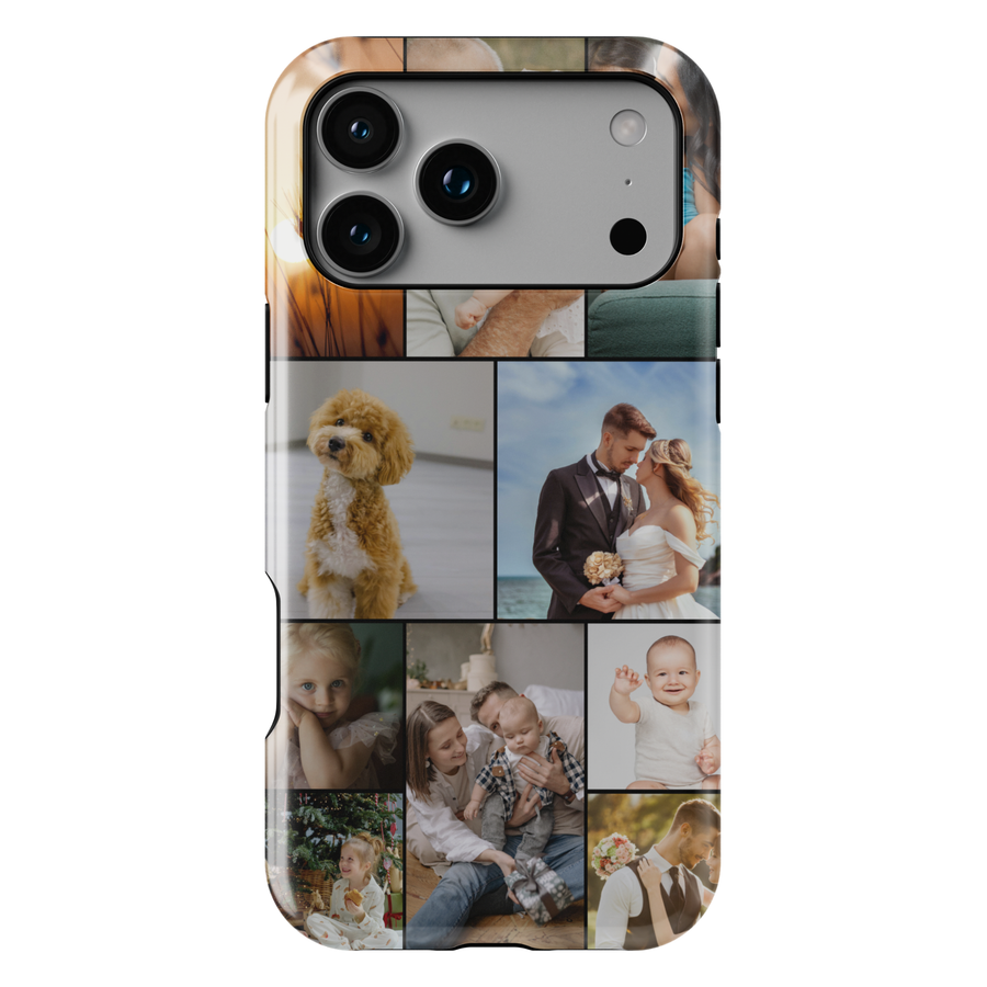 Custom Collage photo phone case for iPhone featuring a personalized family picture with elegant full-photo printing. Protective Tough Case with glossy finish, custom design, personalized gift for family, couples, parents, baby photos, anniversaries, birthdays, Mother's Day, Father's Day, and Christmas.