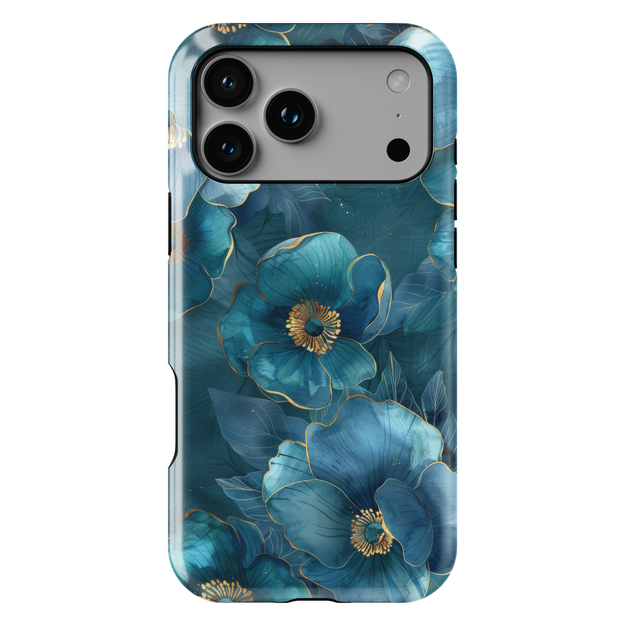 Teal blue floral iPhone tough case with gold-outlined petals and elegant botanical details