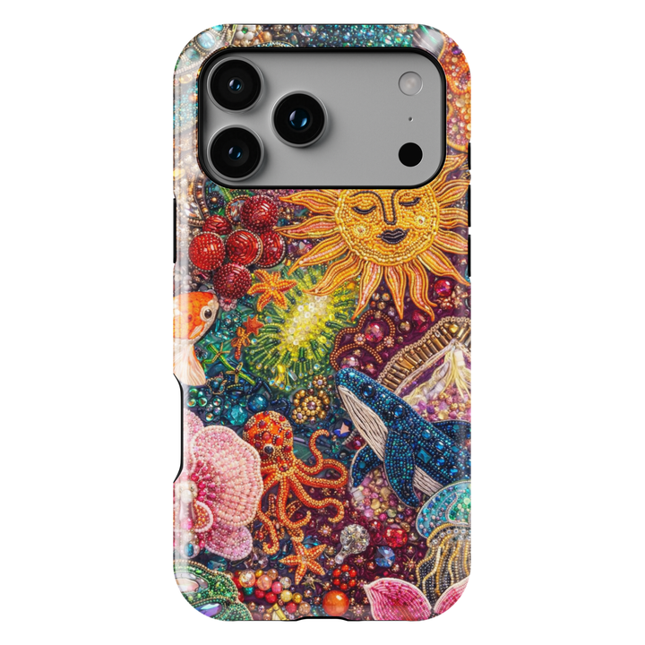 Colorful ocean phone case with jeweled sun, whale, octopus and sparkling sea life design, protective tough case for iPhone and Samsung Galaxy