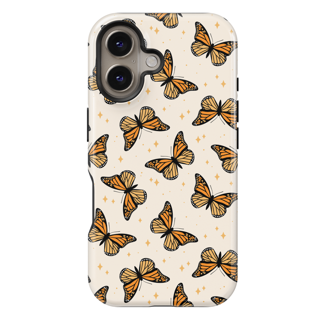 iPhone 16 MagSafe case with orange monarch butterfly print – cute and girly nature-themed phone case for women

