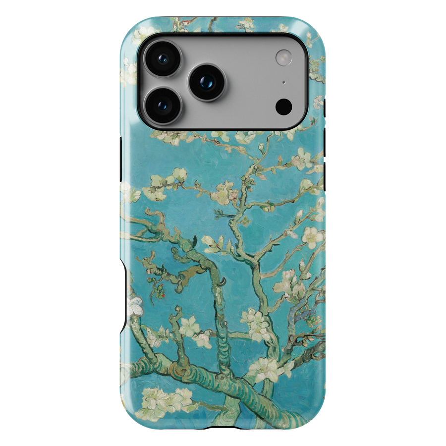 Blue almond blossom floral iPhone tough case with delicate white flowers and painterly botanical branches