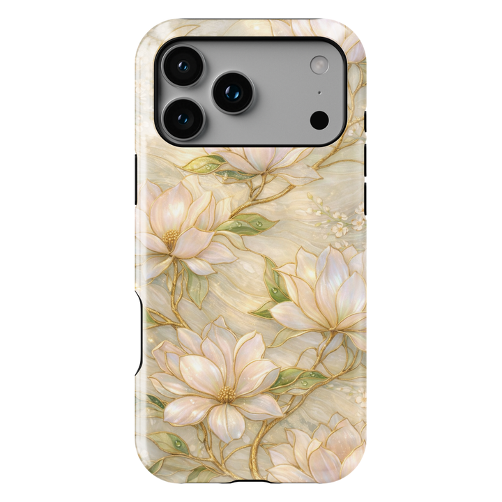 Elegant pastel floral phone case with gold botanical outlines and soft marble background, protective tough case for iPhone and Samsung Galaxy
