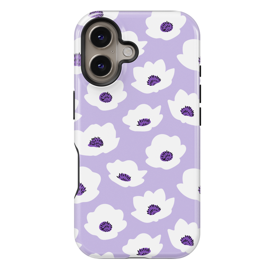 Purple iPhone 16 MagSafe case with white abstract floral pattern – cute girly flower phone case for women

