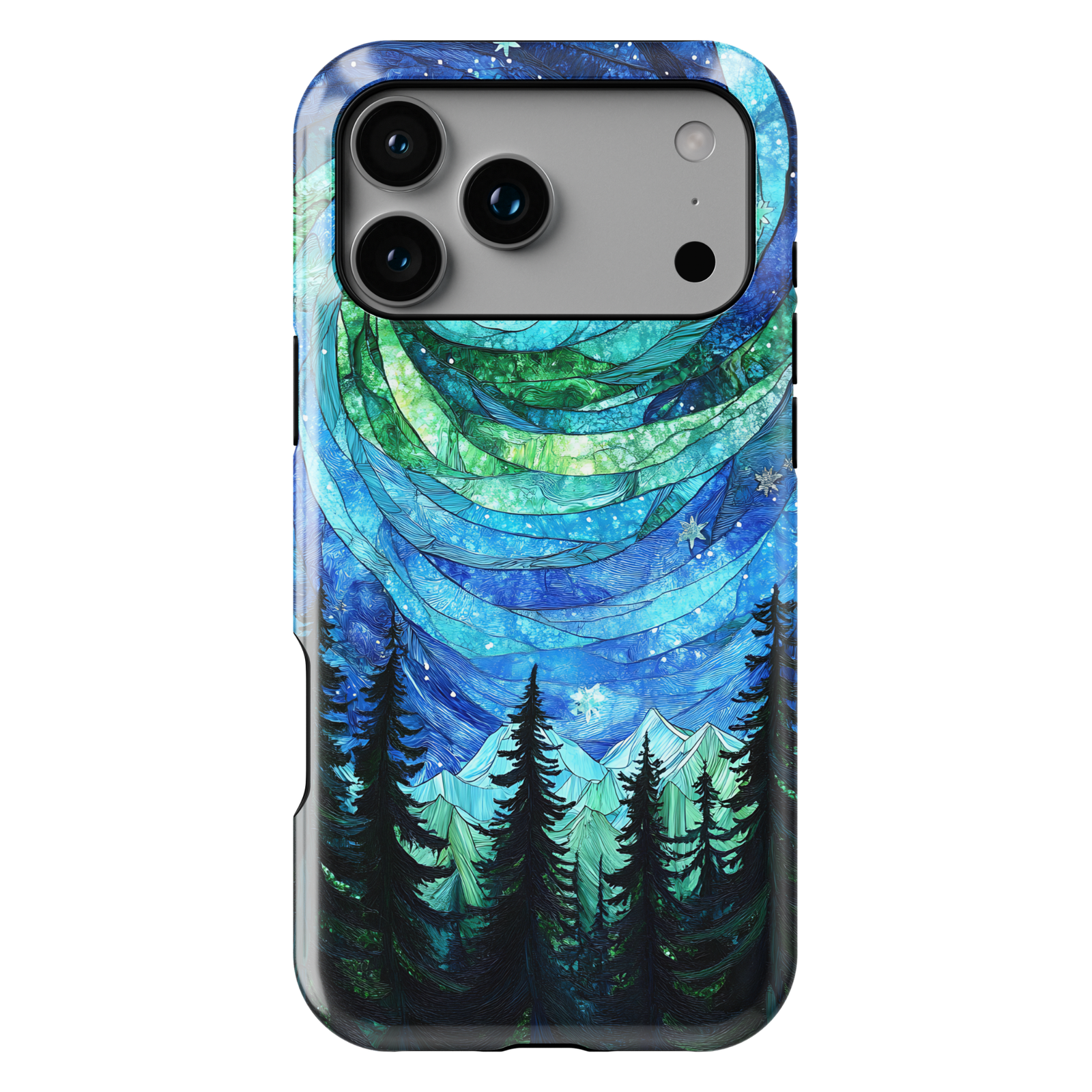 iPhone case with blue and green aurora sky, layered night waves, pine trees, and mountain forest landscape