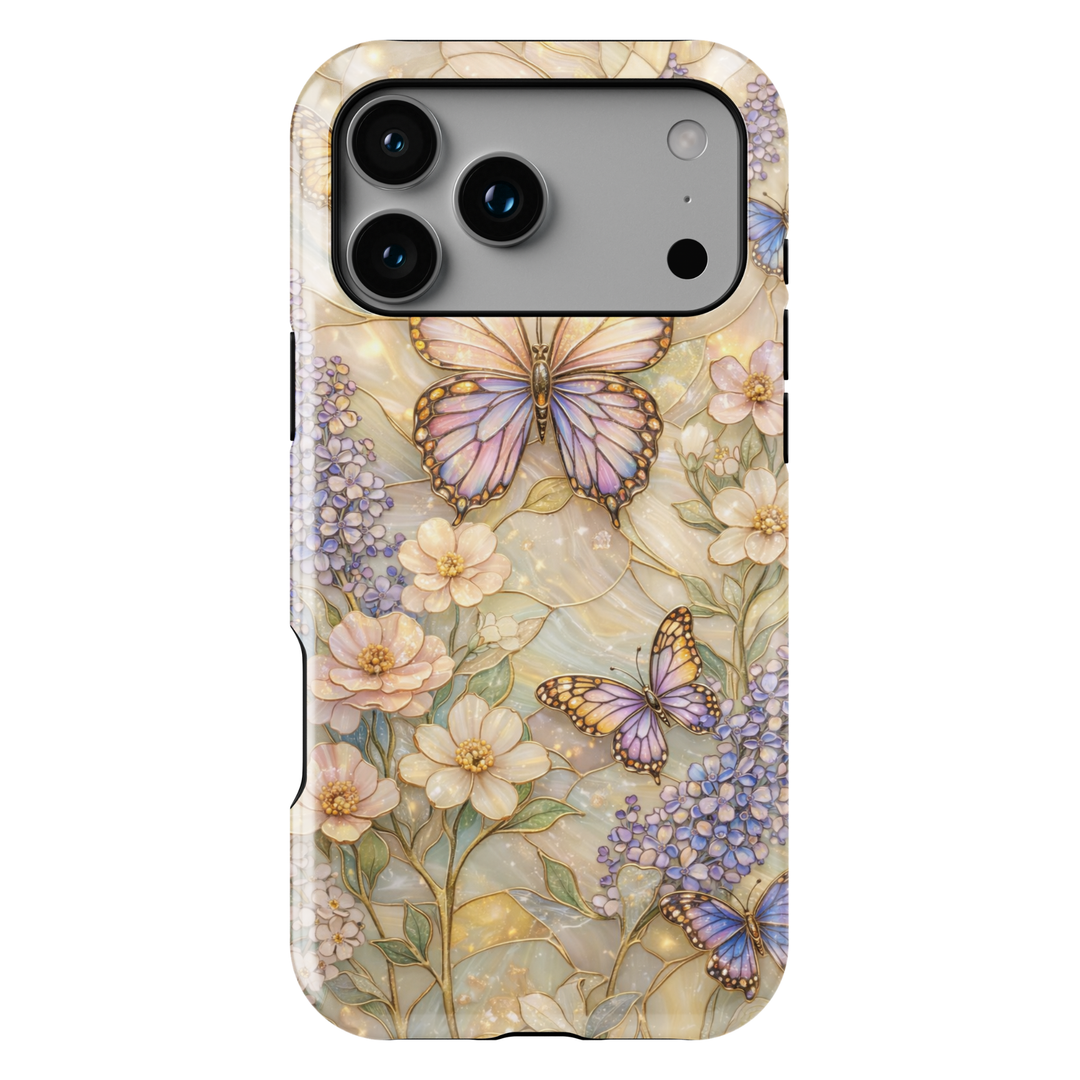 Elegant butterfly floral phone case with pastel flowers and gold botanical detailing, protective tough case for iPhone and Samsung Galaxy