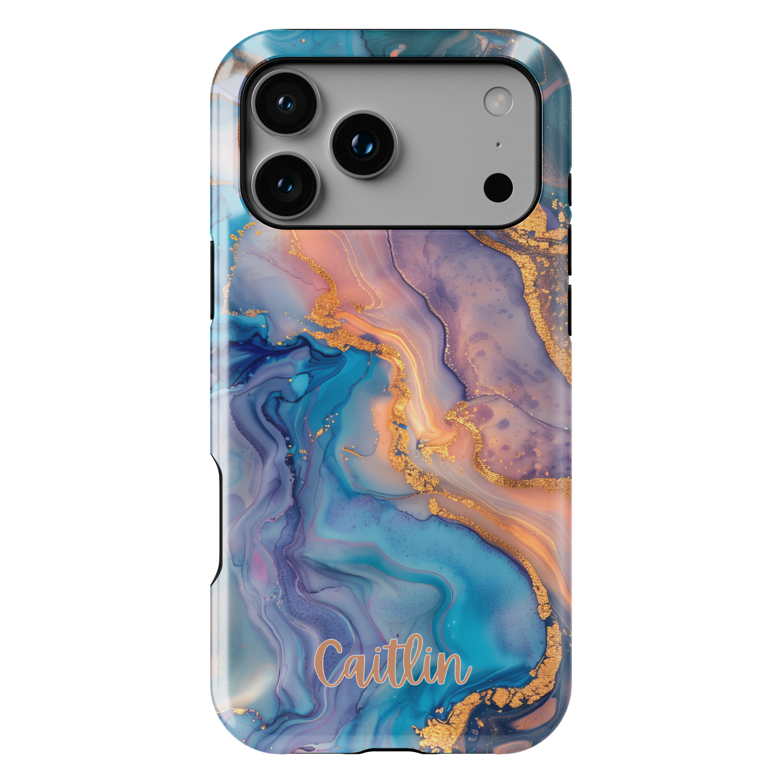 Personalized blue marble phone case with gold accents and custom name design