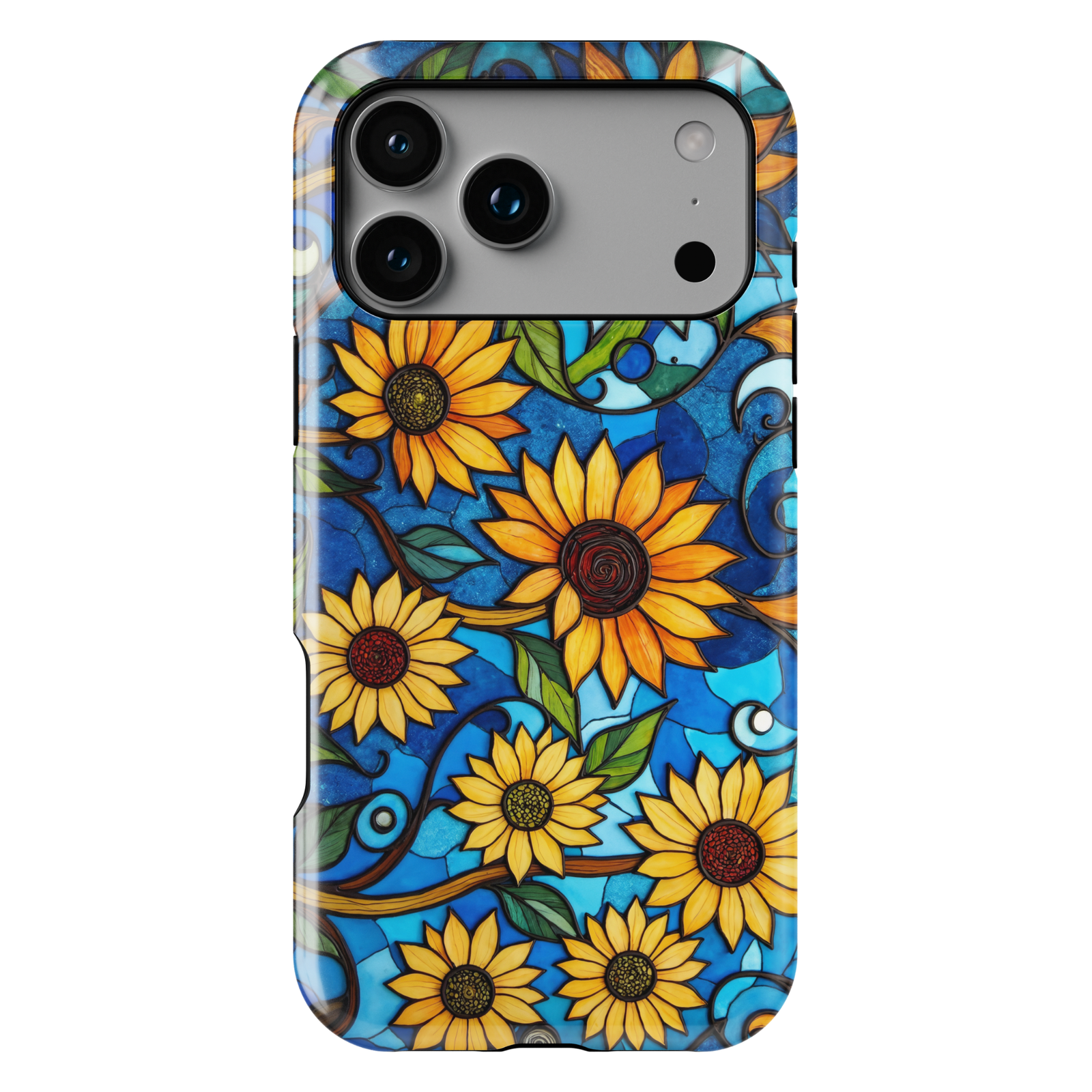 Stained glass sunflower iPhone tough case with bright yellow flowers and swirling blue background