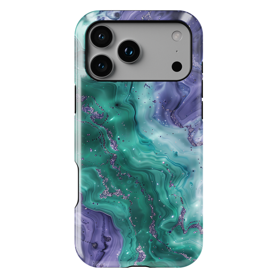 Emerald green marble phone case with purple accents and subtle shimmer texture