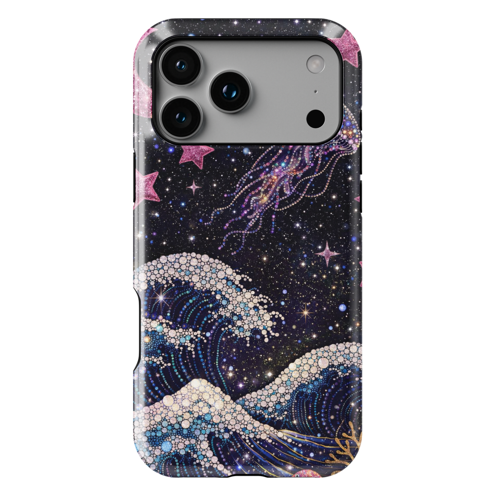 Galaxy wave phone case with glitter ocean design, pink stars and sparkling cosmic aesthetic tough case for iPhone and Samsung Galaxy