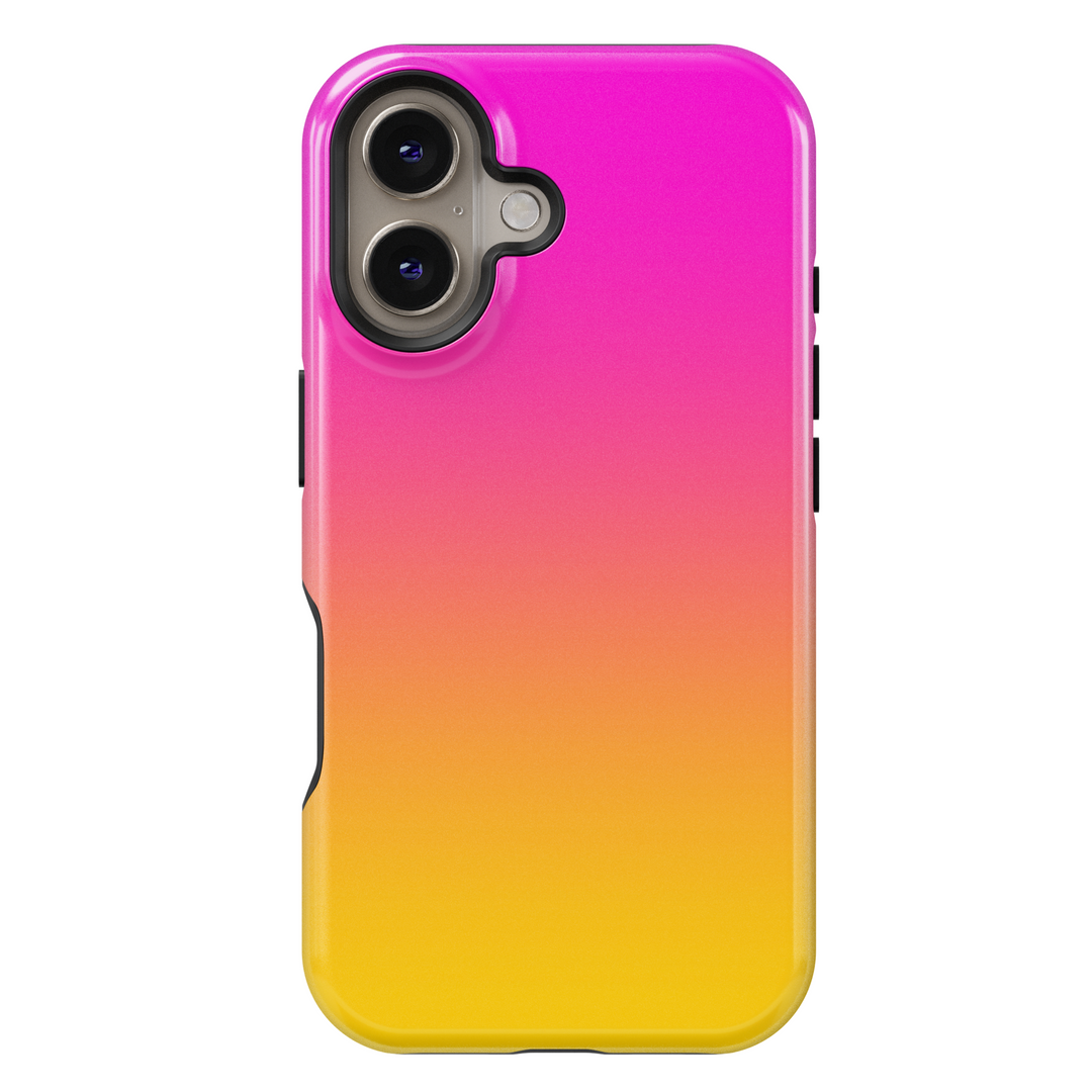 Bright pink to yellow ombre gradient iPhone 16 MagSafe case for women, vibrant and minimalist tough cover

