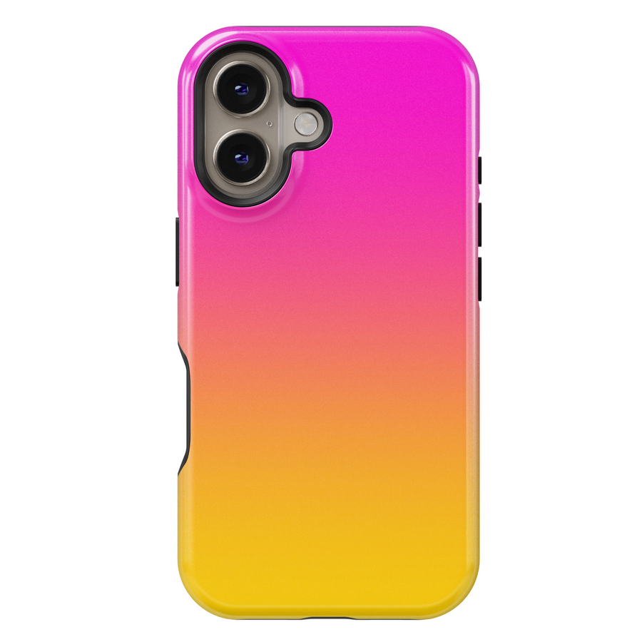 Bright pink to yellow ombre gradient iPhone 16 MagSafe case for women, vibrant and minimalist tough cover

