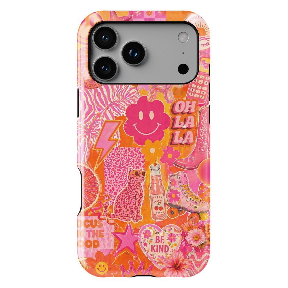 Cute aesthetic collage iPhone 17 Pro Max case with pink orange retro graphics, smiley face, flowers and trendy girly design MagSafe tough case.
