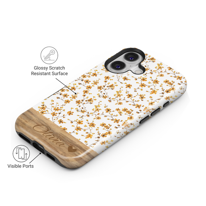 Personalized Floral Phone Case, Custom Name Engraved Cover, Vintage Wildflower Design, Rustic Wood Accent, Stylish iPhone 16 Case, Google Pixel 9 Pro, Galaxy S25, Slim Protective Case, Shockproof Durable Cover