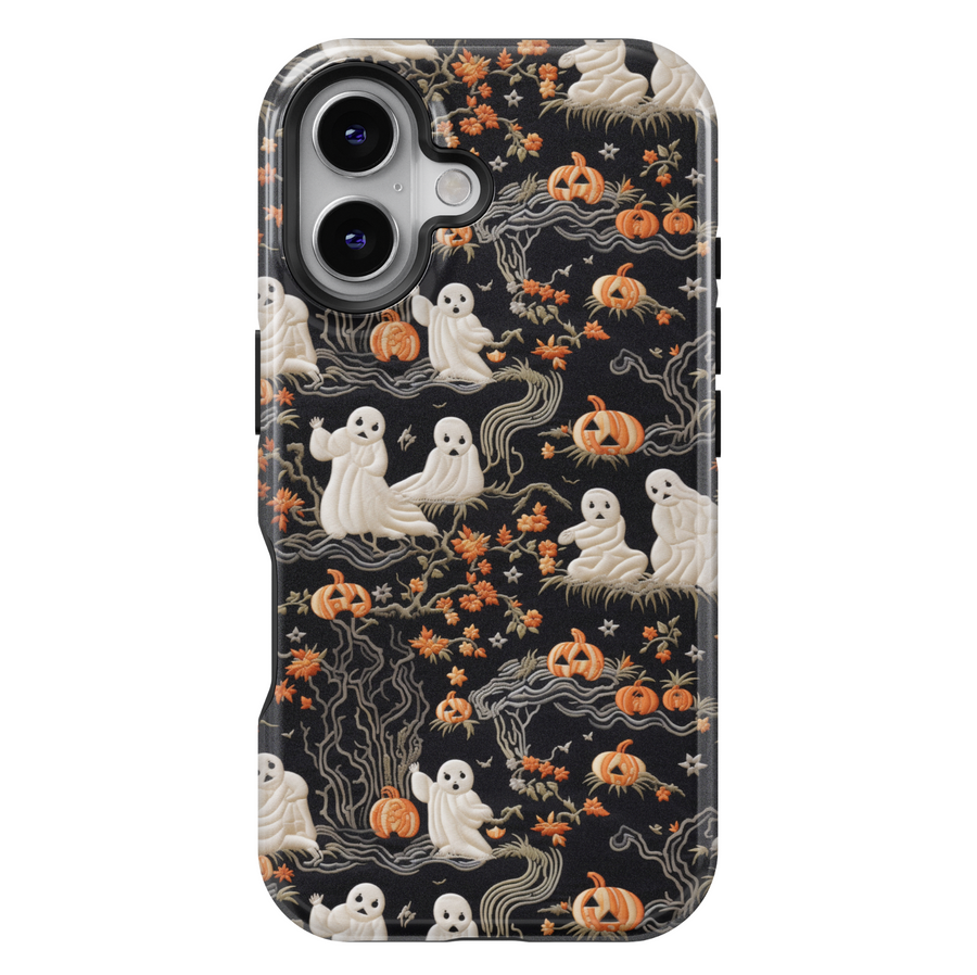Black iPhone Case with Ghosts, Pumpkins, and Fall Leaves – MagSafe iPhone 16 Pro Max Case for Women