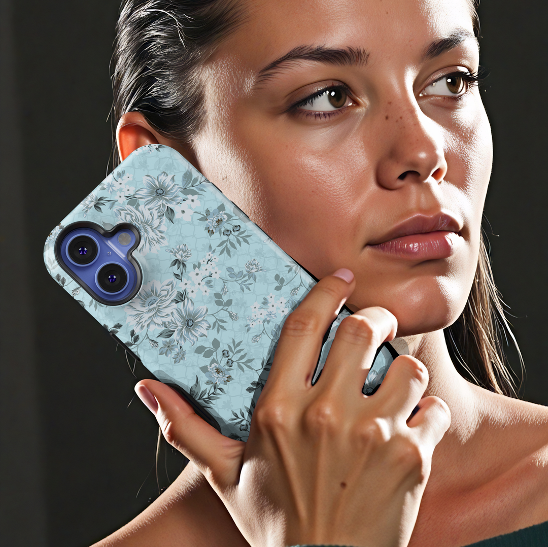 Aesthetic Light Blue Floral iPhone Case with Vintage White Flowers – Protective Tough Cover for iPhone 15 Pro Max, iPhone 14, iPhone 13