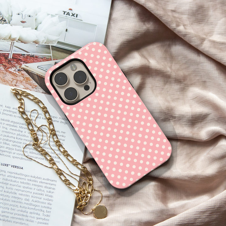 Pink polka dot phone case for women, preppy blush iPhone 17 case, cute aesthetic Galaxy S25 case, personalized feminine phone cover, soft girl style phone accessory