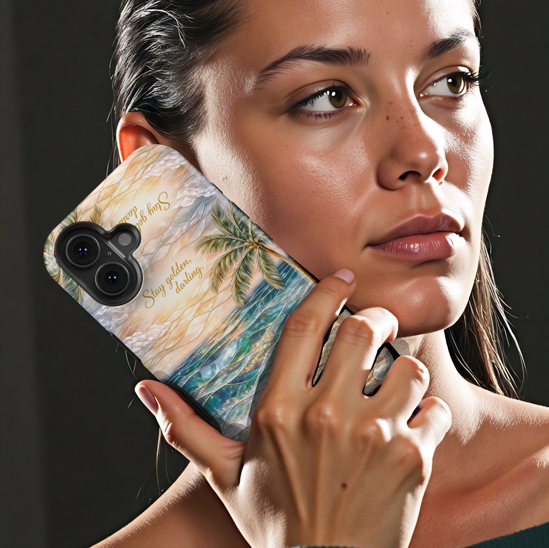 Beach aesthetic phone case featuring ocean sunset, palm tree, seashells and stay golden quote protective tough case for iPhone and Samsung Galaxy