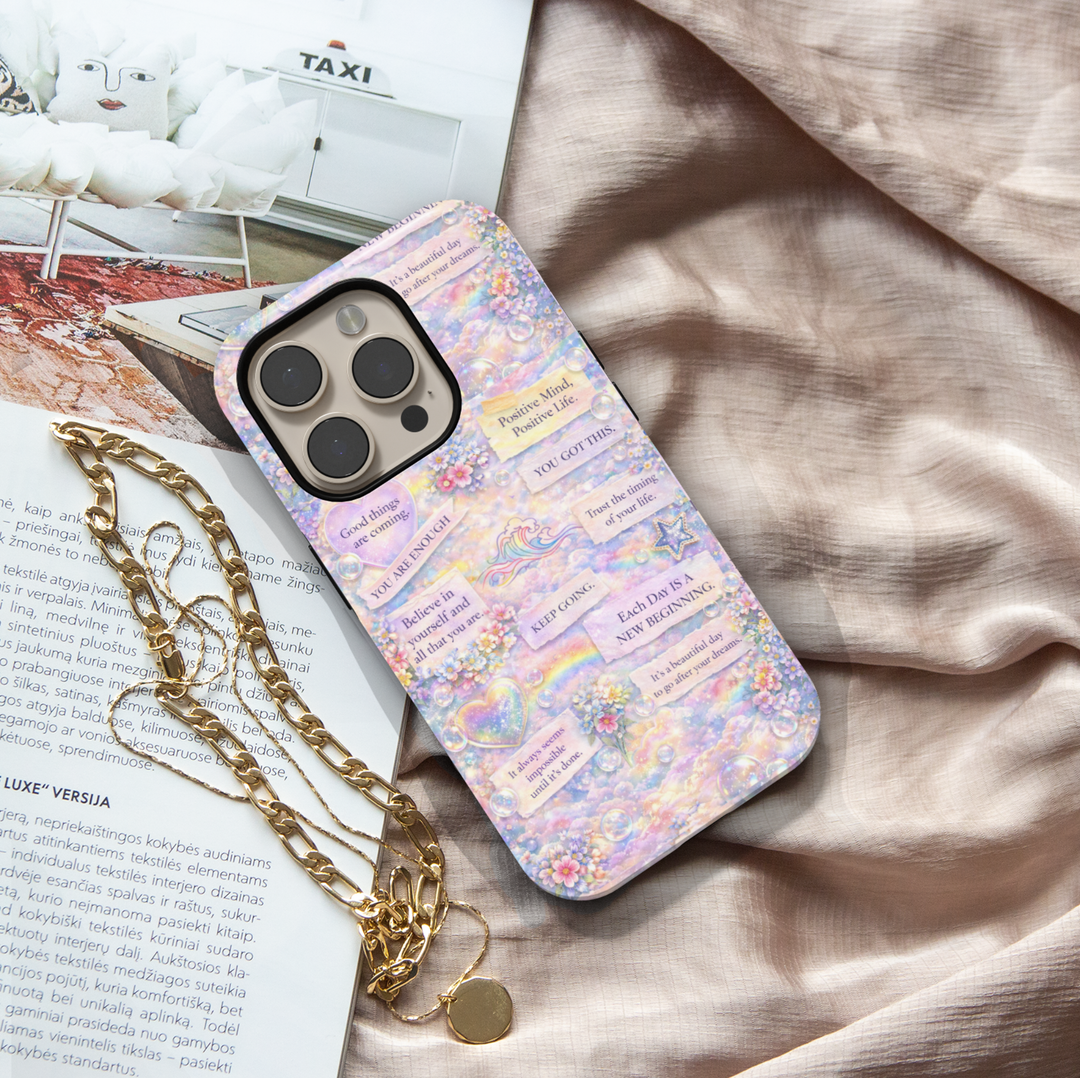 Pastel aesthetic affirmation phone case with motivational quotes, rainbow clouds, florals and inspirational sayings protective tough case for iPhone and Samsung Galaxy