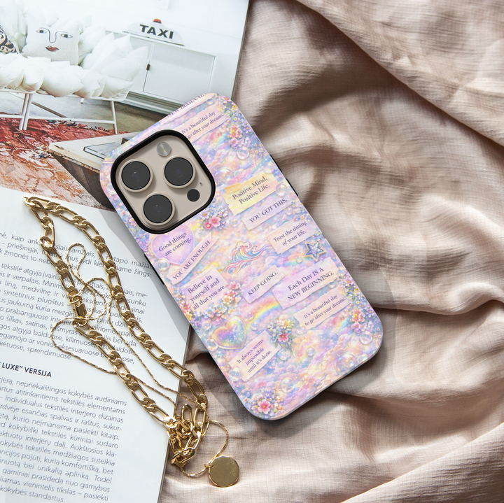 Pastel aesthetic affirmation phone case with motivational quotes, rainbow clouds, florals and inspirational sayings protective tough case for iPhone and Samsung Galaxy