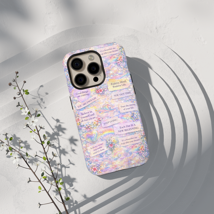 Pastel aesthetic affirmation phone case with motivational quotes, rainbow clouds, florals and inspirational sayings protective tough case for iPhone and Samsung Galaxy