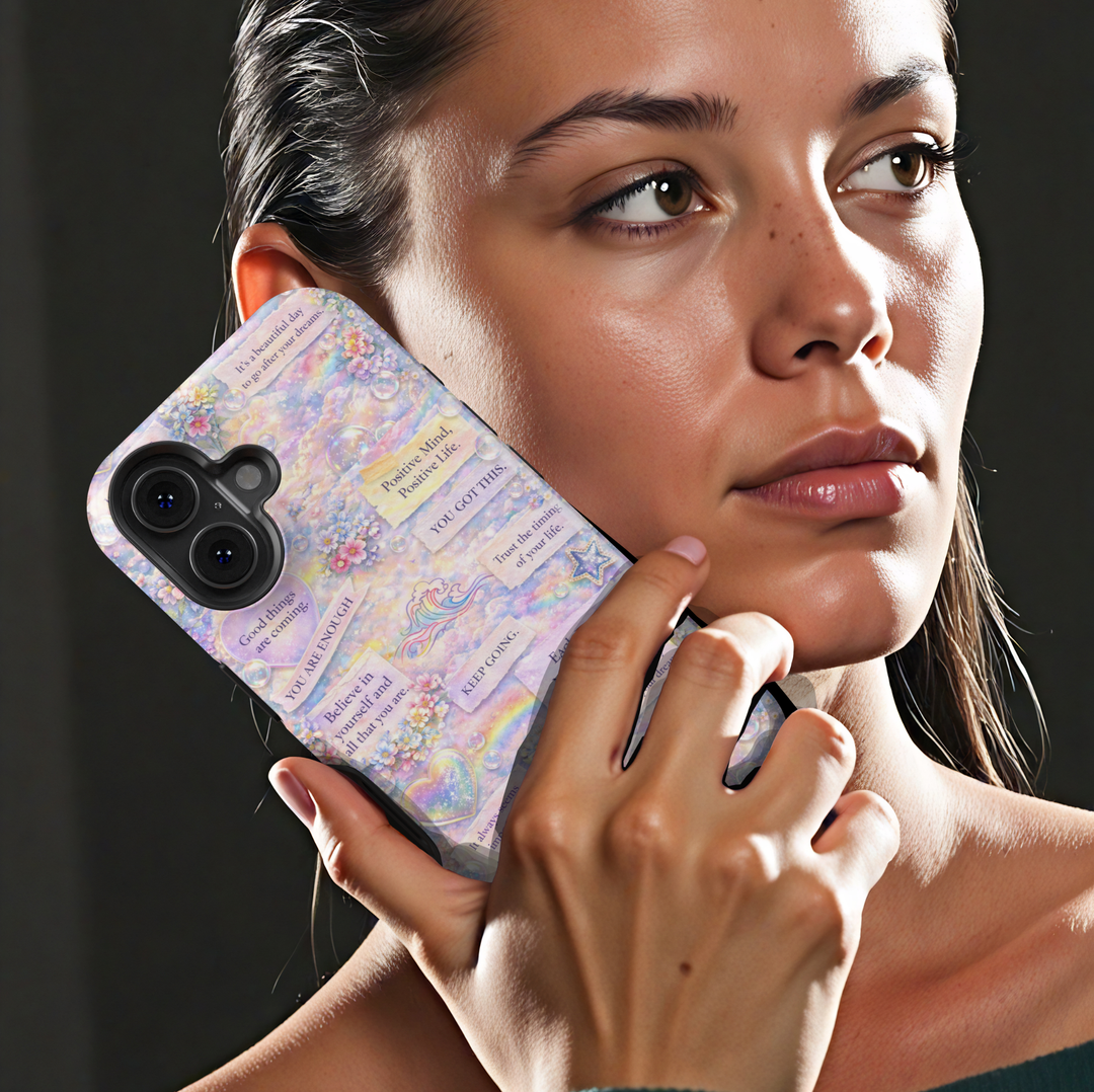 Pastel aesthetic affirmation phone case with motivational quotes, rainbow clouds, florals and inspirational sayings protective tough case for iPhone and Samsung Galaxy