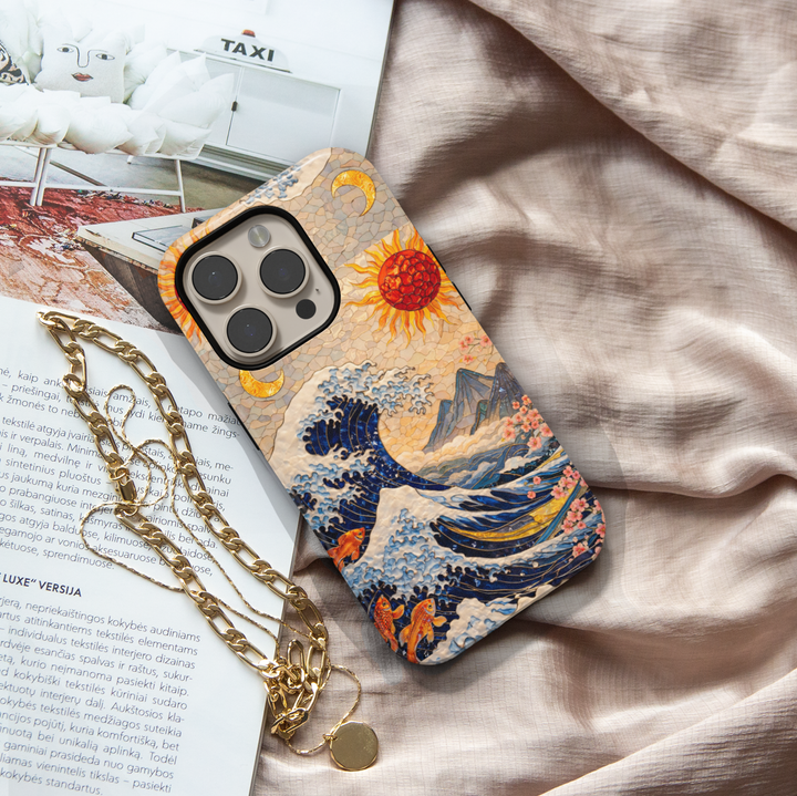 Great Wave Japanese art phone case with koi fish, golden sun, crescent moon, ocean waves and mountains aesthetic tough case for iPhone 16 Pro Max and Samsung Galaxy S25 Ultra