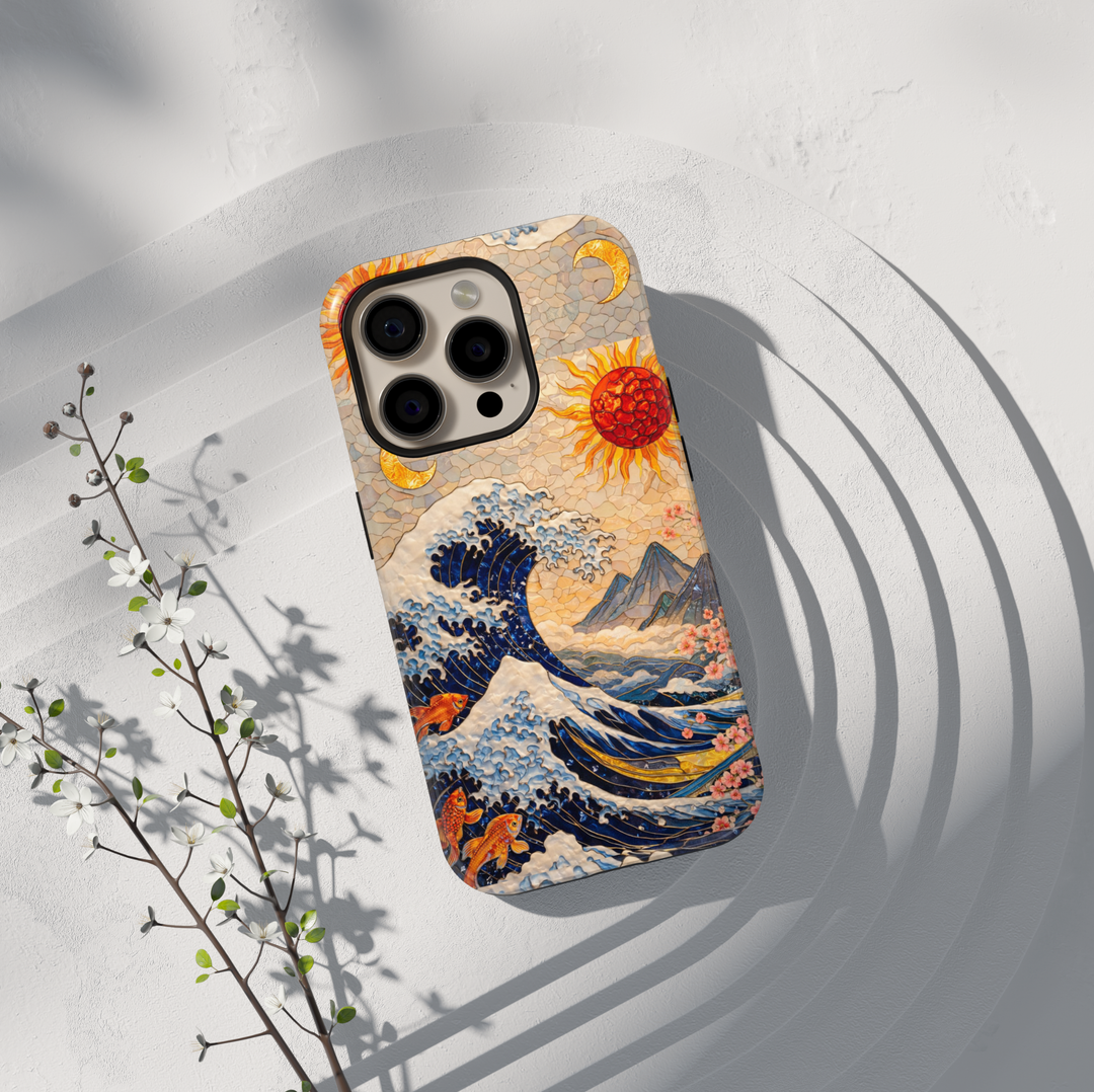 Great Wave Japanese art phone case with koi fish, golden sun, crescent moon, ocean waves and mountains aesthetic tough case for iPhone 16 Pro Max and Samsung Galaxy S25 Ultra
