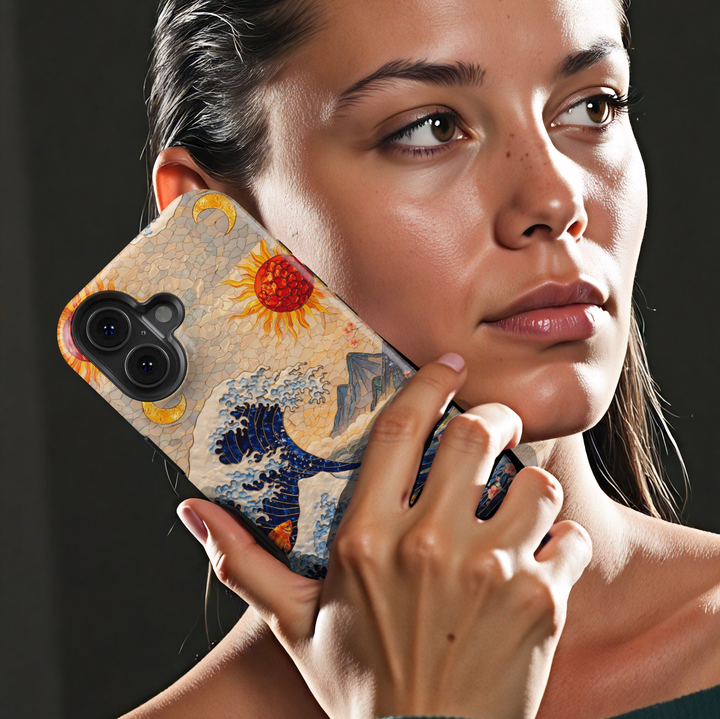 Great Wave Japanese art phone case with koi fish, golden sun, crescent moon, ocean waves and mountains aesthetic tough case for iPhone 16 Pro Max and Samsung Galaxy S25 Ultra